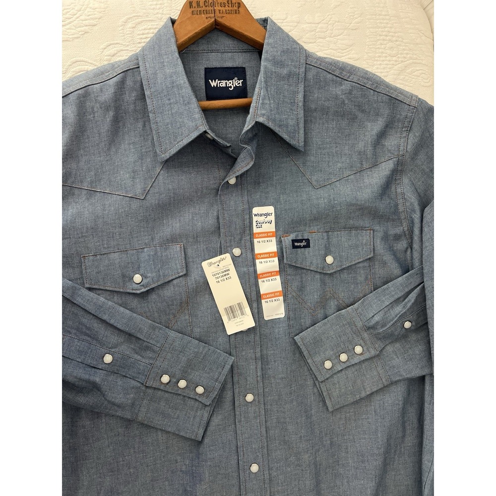 NWT Wrangler 100% Cotton Cowboy Cut pearl snap Western shirt 16.5 x33 Blue Denim
